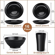 Bestdin Black Dinnerware Set for 4, 16 Pieces Plastic BPA-Free Dinner Plates, Salad Plates, Cereal Bowls, Cups, Unbreakable Plates and Bowls Sets for Kitchen, Microwave and Dishwasher Safe