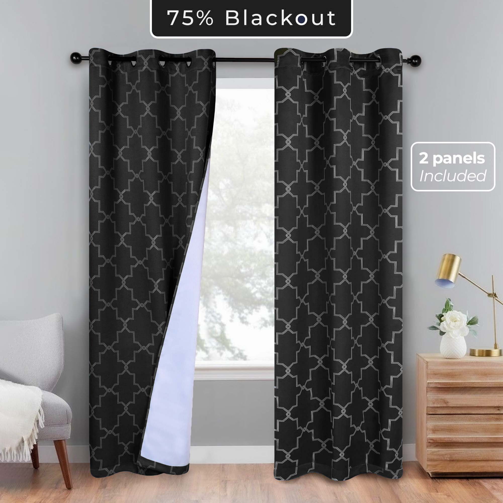 Superior Trellis Blackout Grommet Curtain Panel Pair, Set of 2 Curtains, 52"W x 84"L, Black
