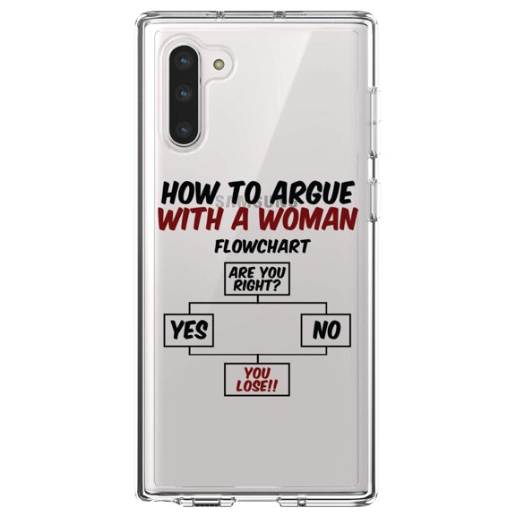 DistinctInk Clear Shockproof Hybrid Case for Samsung Galaxy Note 10 (6.3" Screen) - TPU Bumper Acrylic Back Tempered Glass Screen Protector - How To Argue With a Woman Flowchart