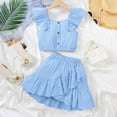 thumbnail image 3 of Mikrdoo 11-12Y Girls Summer Fashionable Texture Pleated Frill Sleeve Buttoned Cropped Top + Asymmetrical Hem Skirt Sets 2Pcs For 8Y,9Y,10Y,11-12Y Teen Girls, 3 of 9