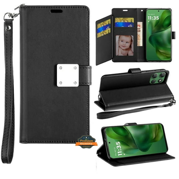 For Apple iPhone 16e Case, Wallet Case with ID/ Card Holder, Wristlet Strap, Magnetic TPU Protective Shockproof Folio Flip Phone Cover (Black)