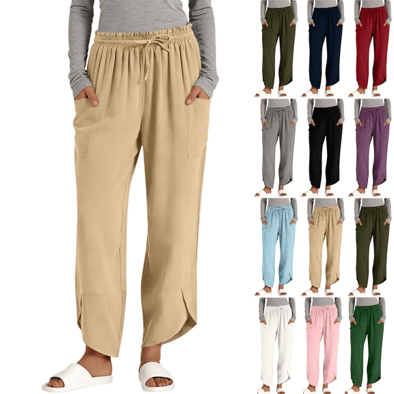 yoeyez Summer Linen Pants for Women Drawstring Elastic Waist Smocked Pants With Pockets Irregular Hem Lounge Loose Cropped Pant Navy,S