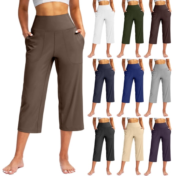 Women's High Waist Yoga Capris with Pockets Stretch Comfort Fit Wide Leg Cropped Pants for Workout and Casual