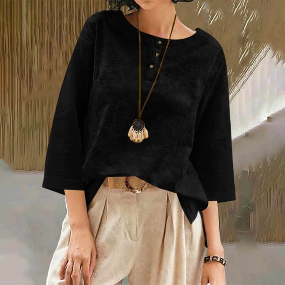 Heisall Linen Tops for Women 3/4 Sleeve Crew Neck Cotton Shirts Casual Jacquard Boho Blouse