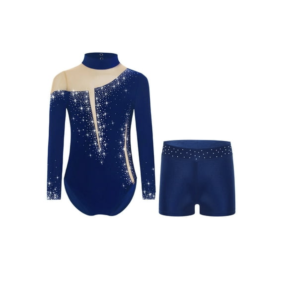 TSSOE Kids Girls Long Sleeve Shiny Rhinestone Ballet Dance Leotard Gymnastics Bodysuit with Workout Shorts Set Navy Blue 8