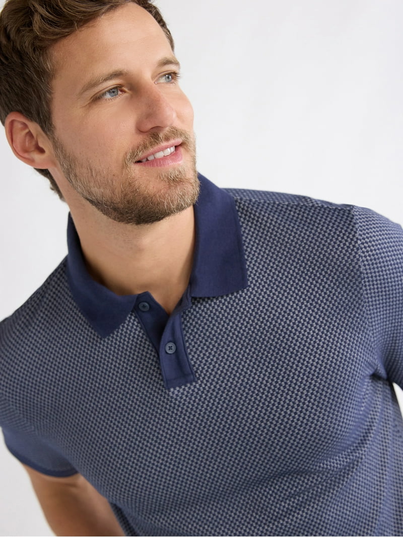 Free Assembly Men's Jacquard Checkered Knit Polo Shirt