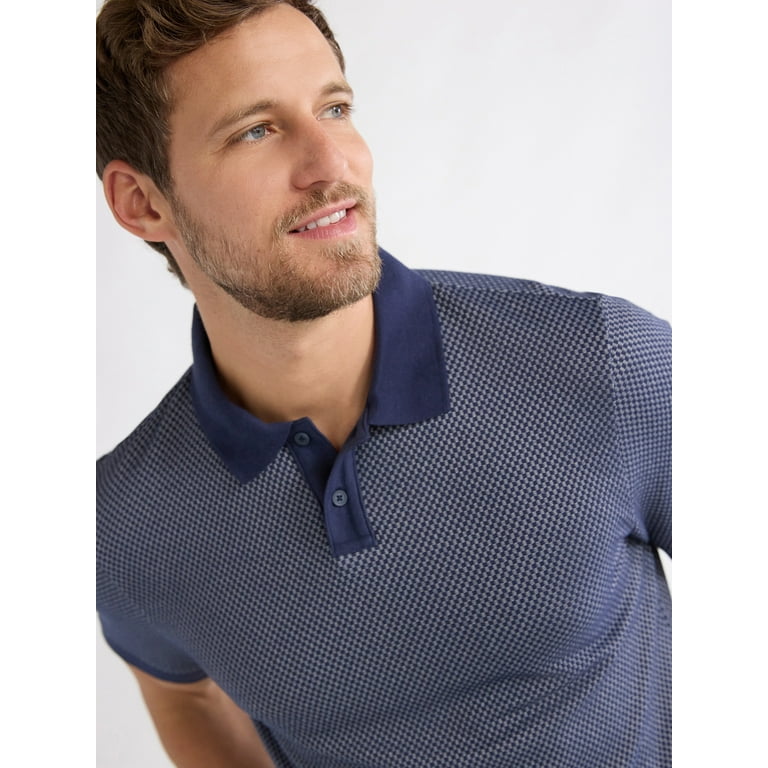Free Assembly Men's Jacquard Checkered Knit Polo Shirt