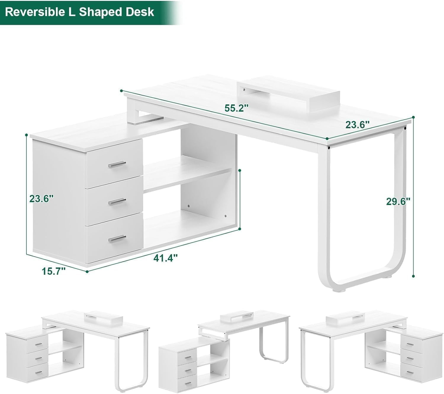 DreamCurship 55 Inch White Reversible L Shaped Desk with 3 Storage Drawers, Computer Desk with Shelves and Monitor Stand, Corner Desk for Small Spaces, White