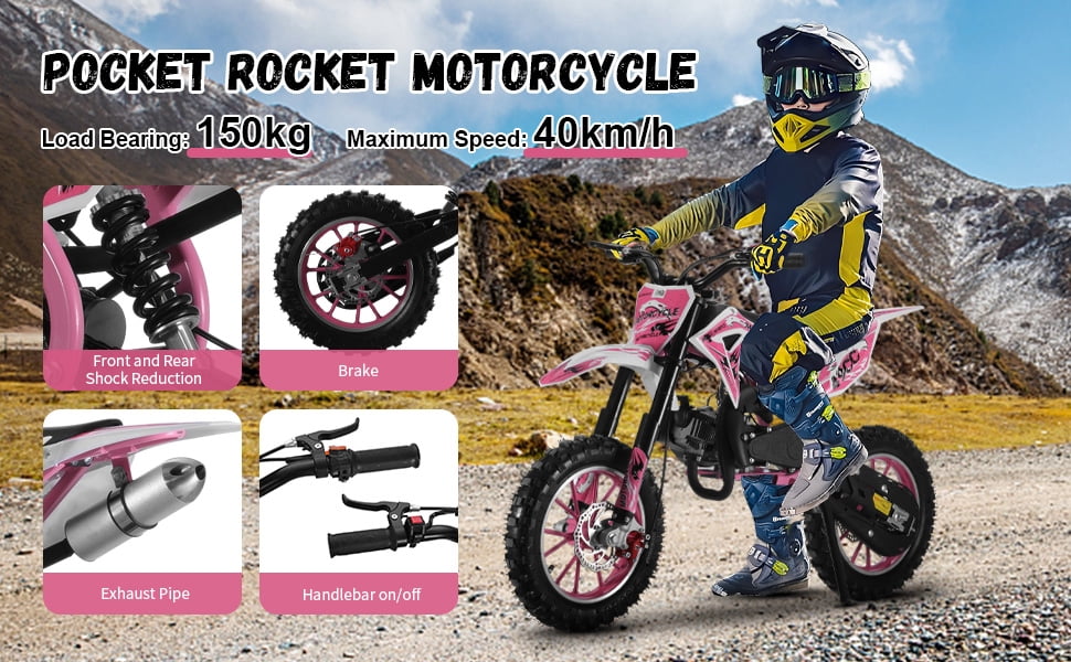 Mohsoe Enhanced 49CC 2-Stroke Dirt Bike, 25MPH Motor, Larger Fuel Tank & Upgraded Frame for Better Stability