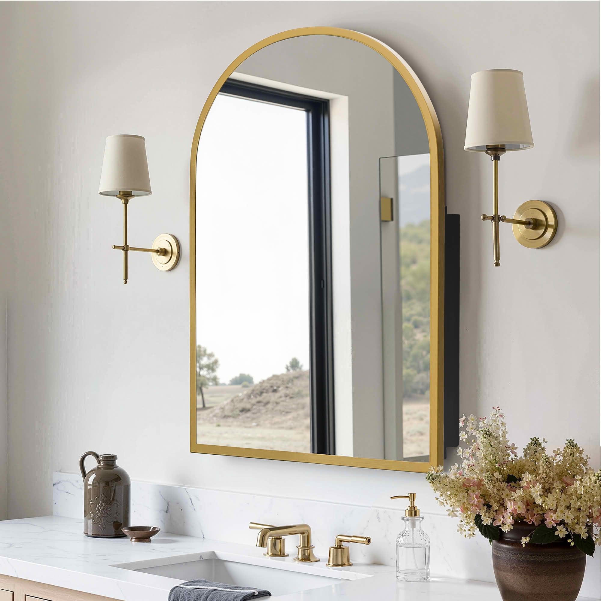 MAYEERTY 39x30x5 Inch Gold Metal Round Corner Arched Medicine Cabinet for Bathroom