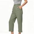 thumbnail image 5 of Women's Lightweight Cotton Capri Pants with Pockets, Elastic Waist Straight Leg Casual Pants, Capris for Women Summer, Lounge Beach Travel Trousers with Pocket | UKHCCC,Green S, 5 of 8