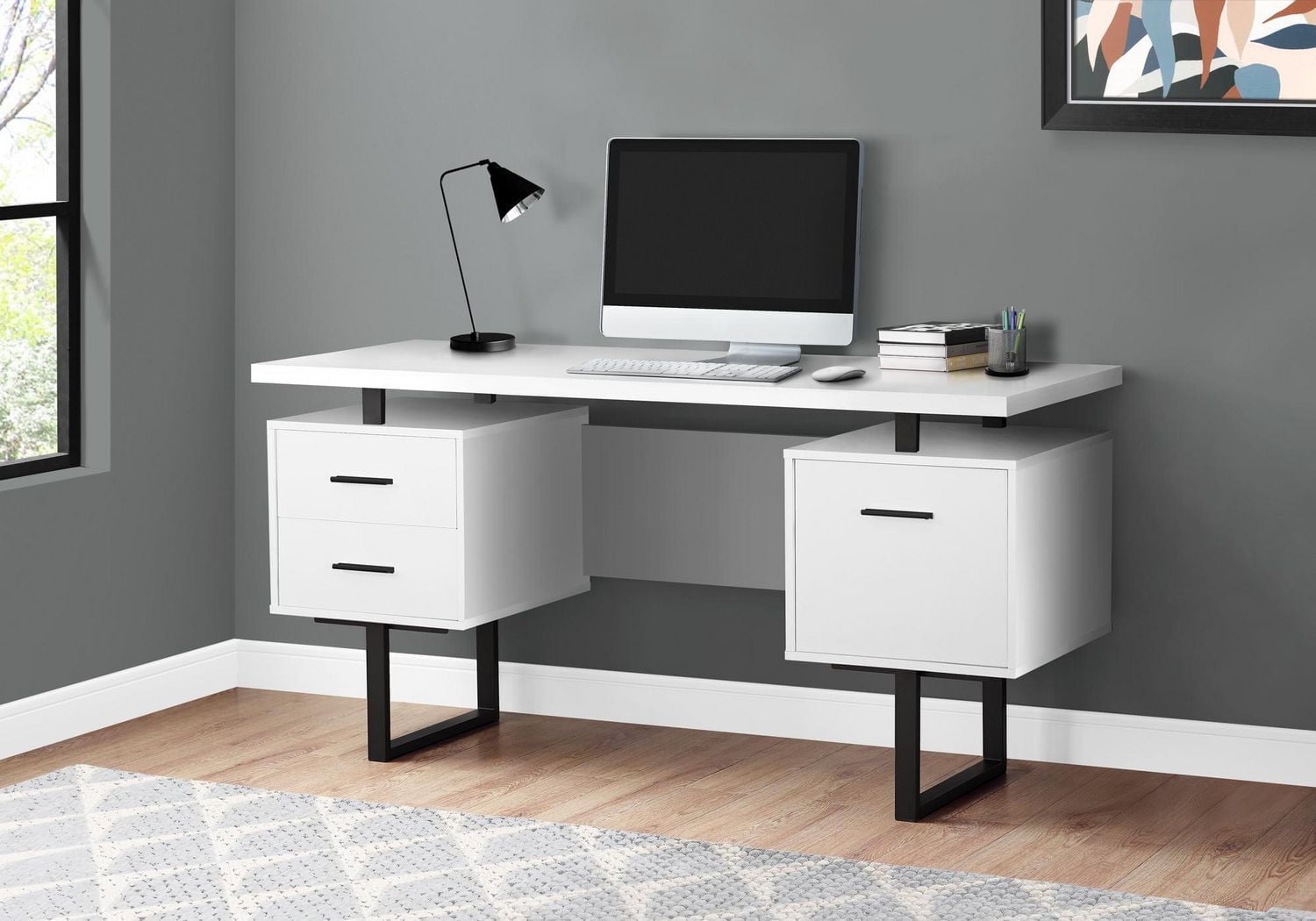 Monarch Specialties Computer Desk, Home Office, Laptop, Left, Right Set-up, Storage Drawers, 60"l, Work, Metal, Laminate, White, Black, Contemporary, Modern