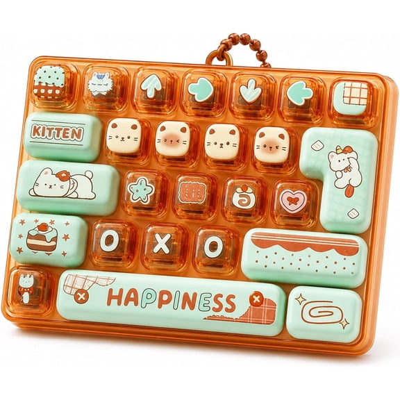 26-Key Keyboard Fidget Toy, Cute Cartoon Clicky Keychain Stress Relief Clicker with LED Lights, Portable Decompression Gift for Adults Teens