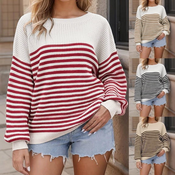 Women's Striped Oversized Sweater Long Sleeve Color Block Knitted Pullover Fall Comfy Loose Crew Neck Sweaters