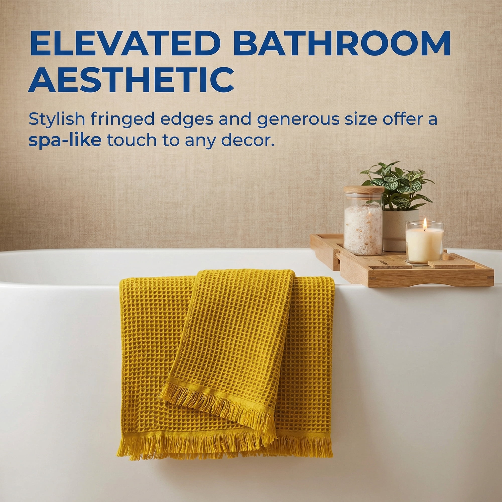 Unique Bargains Highly Absorbent Cotton Waffle Bath Towel with Tassel Yellow 71" x 35"