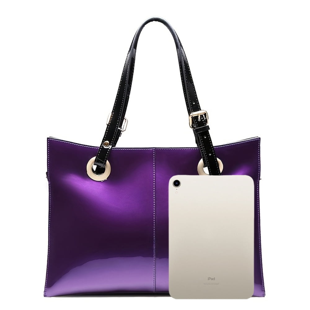FEIMINA Patent leather Shoulder Bag,Genuine Shiny Large Leather bag,designer handbags luxury,Deep Purple Purse