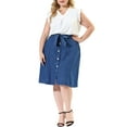thumbnail image 2 of MODA NOVA Juniors' Plus Skirts Tie Waist A Line Midi Denim Skirt Navy Blue 4X, 2 of 6
