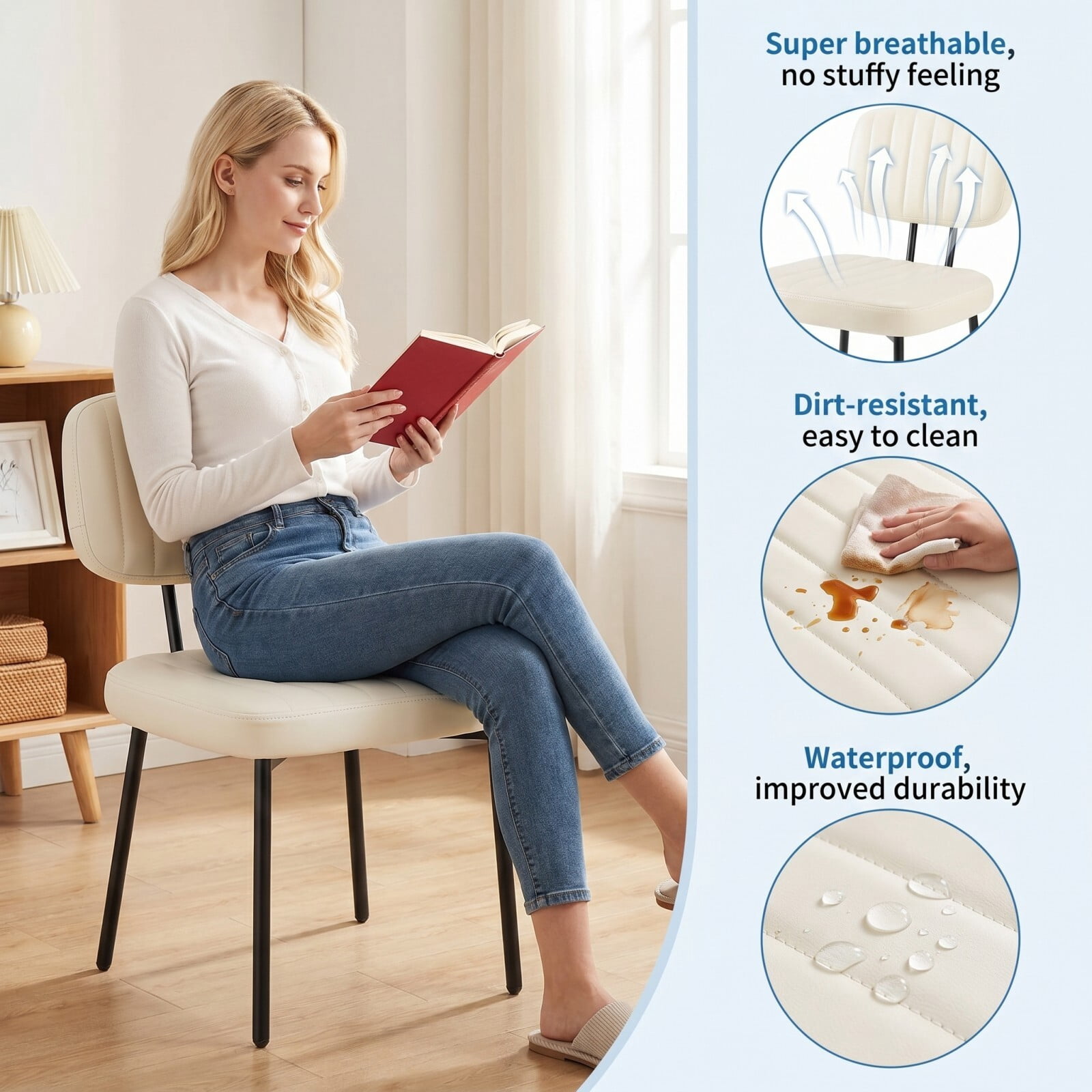 Kelno Upholstered Dining Chair Set of 2 Waterproof Faux Leather Kitchen Chairs with Ergonomic Back Support, Beige