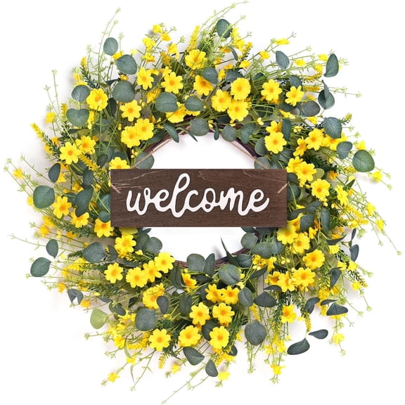 24'' Summer Wreaths for Front Door, Farmhouse Yellow Daisy Eucalyptus Wreath for Front Door Wall Home Party Decorations（Welcome Sign）