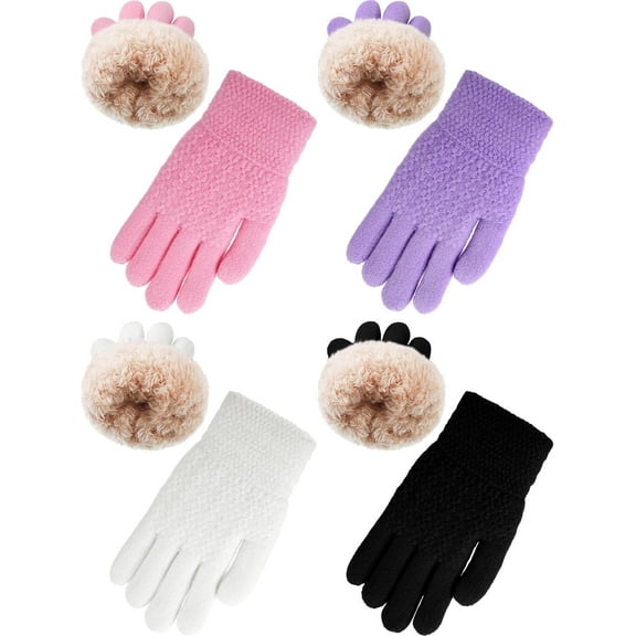 4 Pairs Kids Fleece Lined Gloves Winter Warm Knit Gloves for Girls Boys Cold Weather Supplies, 6-10 Years
