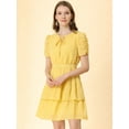 thumbnail image 3 of INSPIRE CHIC Women's Tie Neck Ruched Sleeve Elastic Waist A-Line Double Layers Ruffle Hem Short Dress, 3 of 6