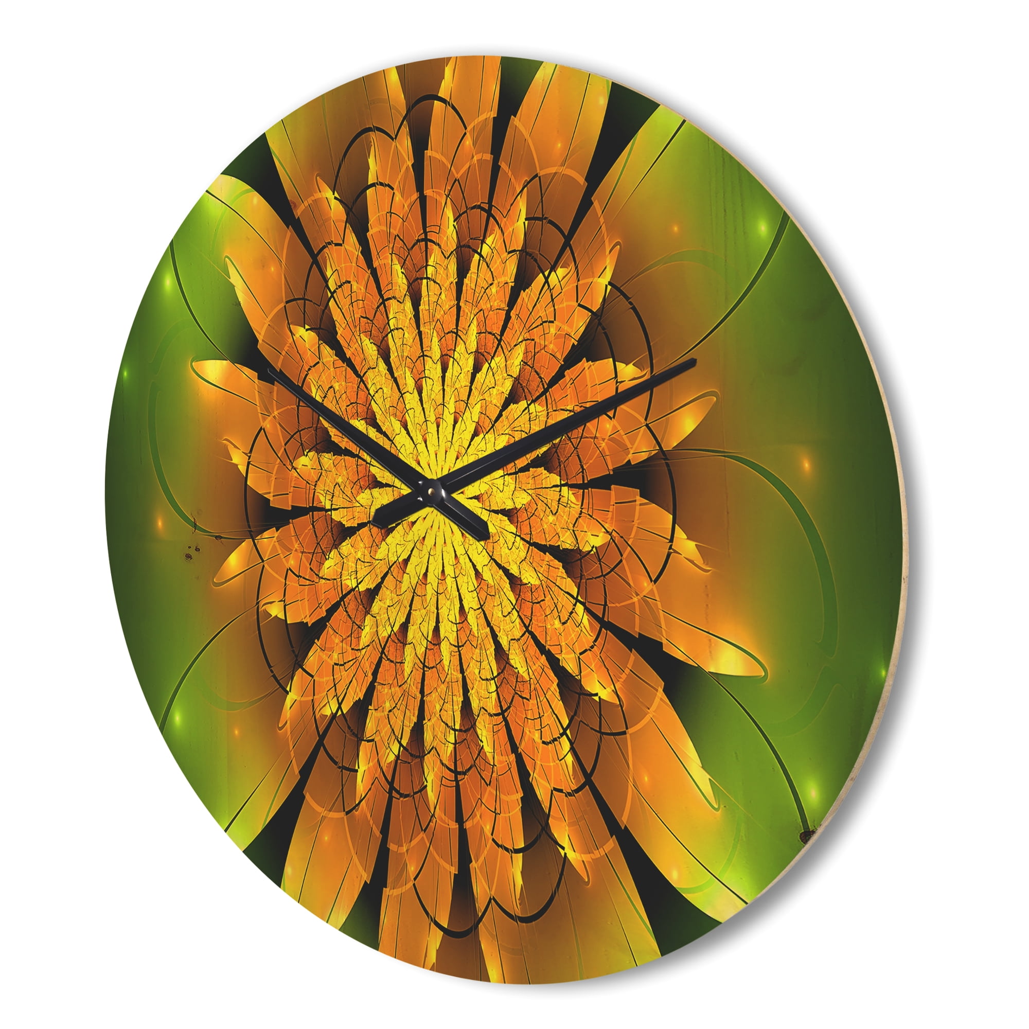 Designart 'Fractal Bright Yellow Flower on Green ' Modern Wood Wall Clock