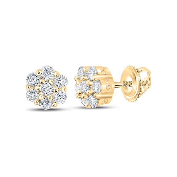 Macey Worldwide Jewelry 10k Yellow Gold Mens Diamond Flower Earrings 1/4 Ctw
