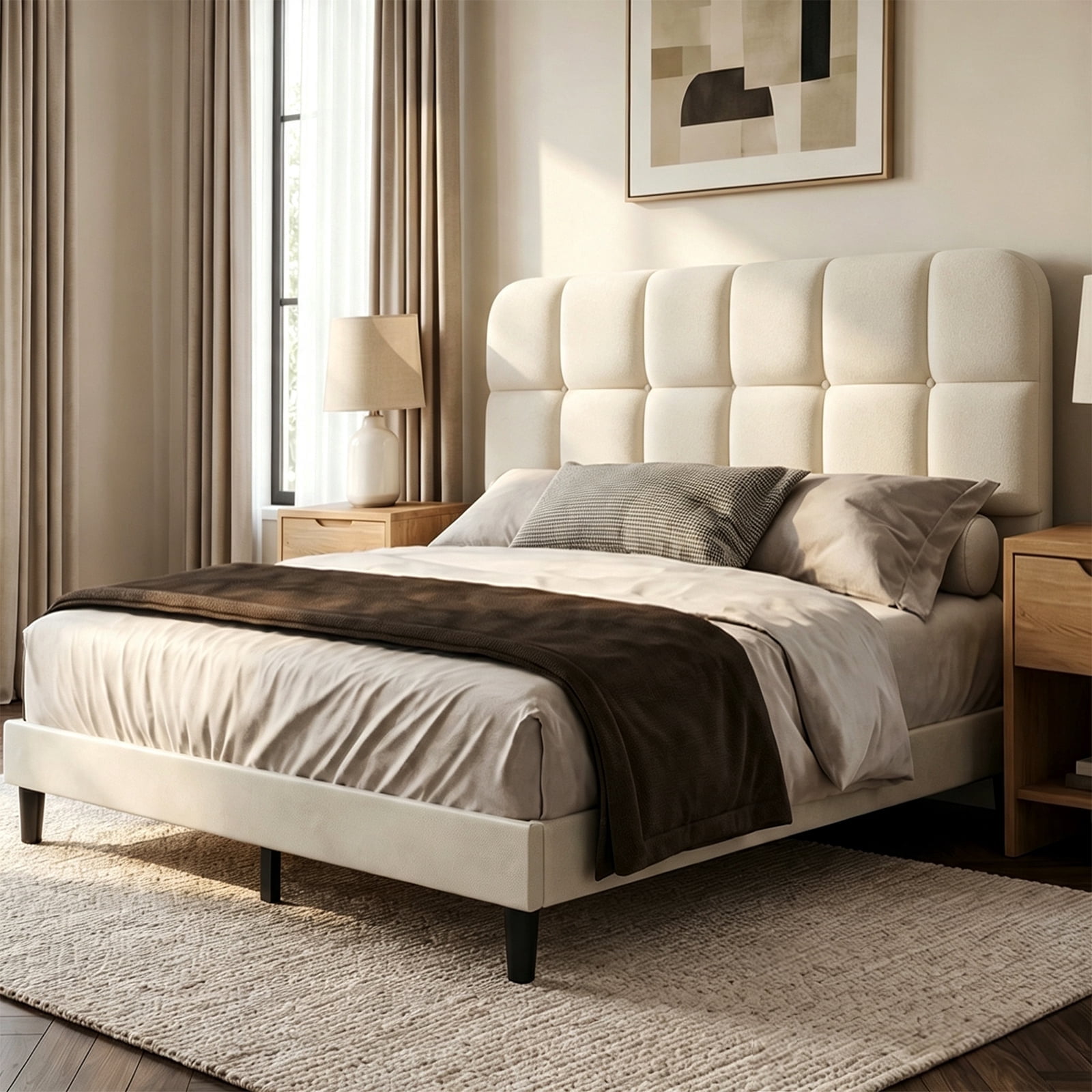 Patbrela Upholstered Bed Frame, Queen Size Bed Frame with Soft Cloud Headboard, Beige Velvet