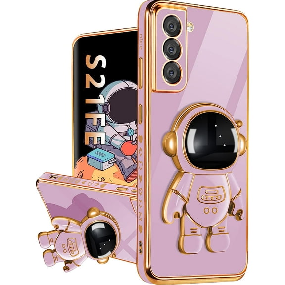For Samsung Galaxy S21 FE Case with Astronaut Stand, Women Girls Galaxy S21 FE 5G Cases, Girly Cute 6D Outer Space Heart Pattern Phone Cover for S21 FE 6.4 Inch Purple
