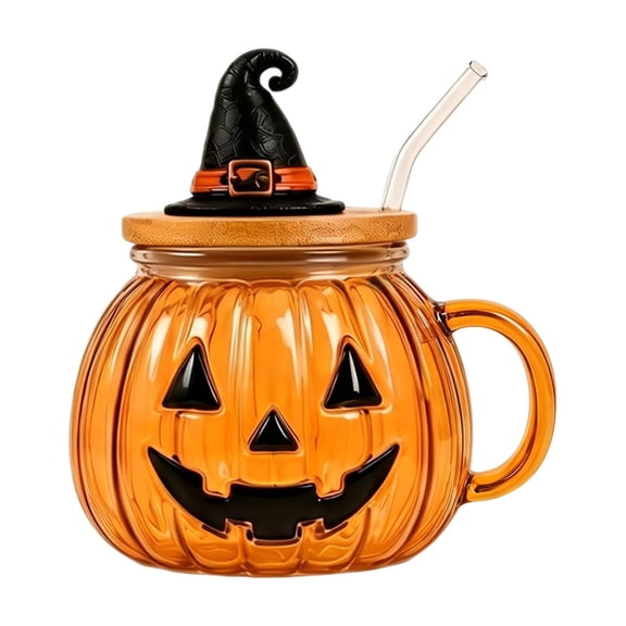 Halloween Cute 3D Pumpkin Glass Cups with Lid and Straw, Cute Spooky Tumbler for Office Desk, Holiday Party Decor Gifts for Women, 1 Pack