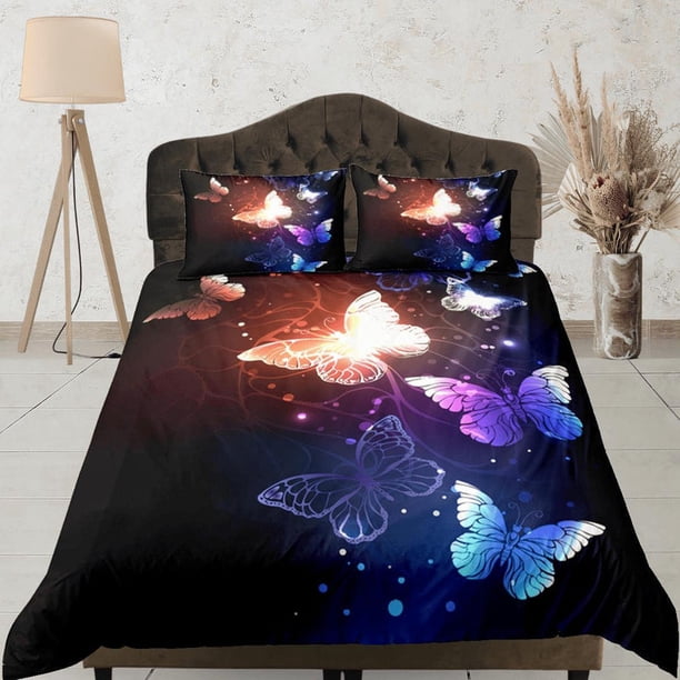 Mariposa Juego de Funda Nórdica Negro Colcha, Dormitorio Ropa de cama con funda de almohada