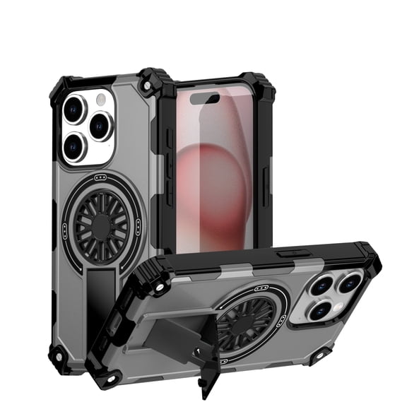 Allytechgroup Rugged Magnetic Case for Apple iPhone 15 Pro, Military-Grade Shockproof Phone Cover with Kickstand,Spinner Fidget Ring,Wireless Charging Support, Dual Layer PC TPU Protection,Silver