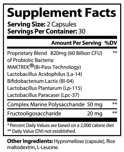 Probiotic 60 Billion CFU - MAKTREK B-Pass Technology with Prebiotics - 6- Capsules