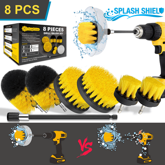 ComfiTime 8PCS Drill Brush Attachment Set – Heavy Duty Drill Brush Kit w/ Splash Shield, Universal Bathtub Scrub Cleaning Brush, Power Scrubber for bathroom, toilet , tile and household cleaning
