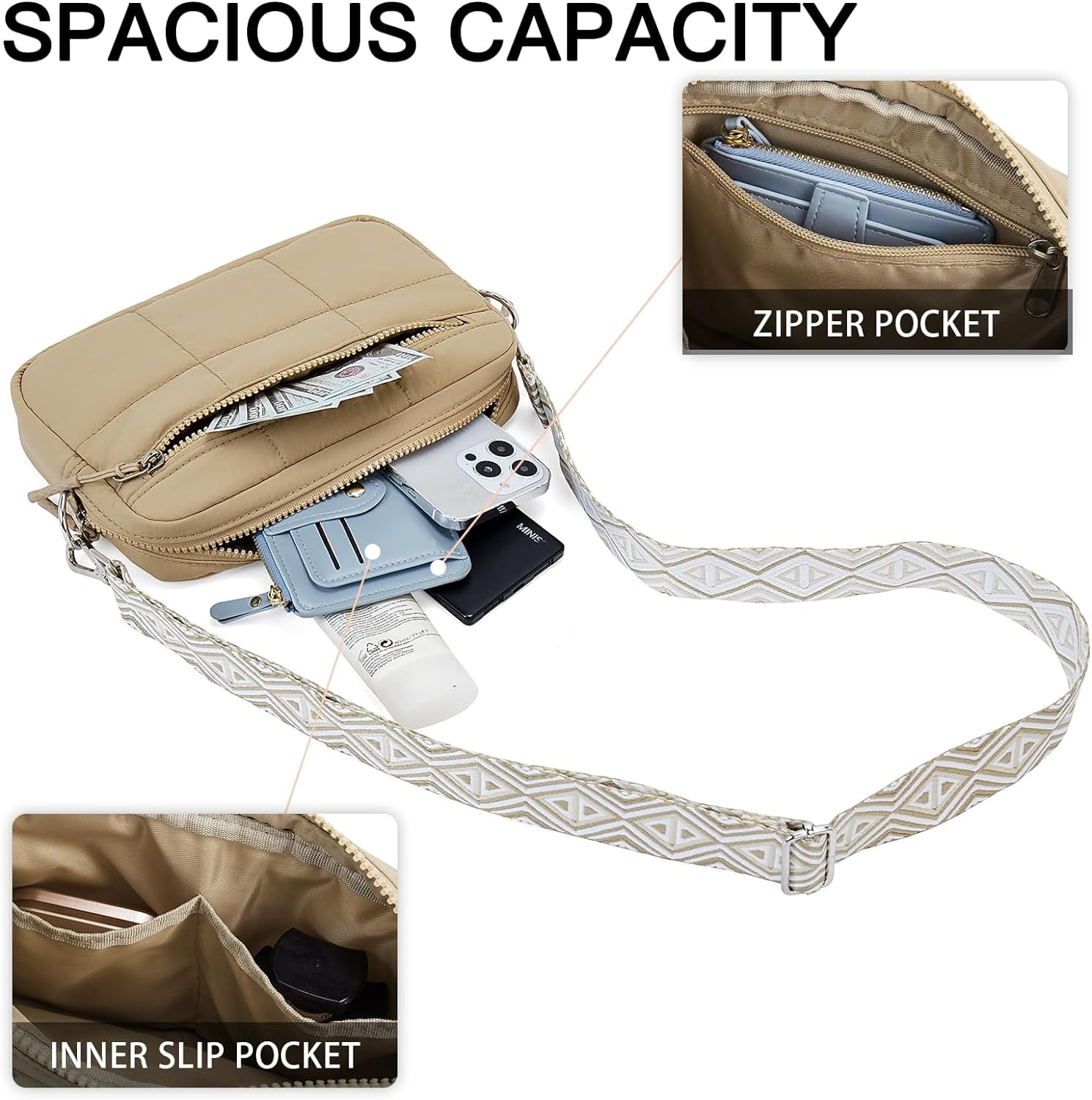 Crossbody Bags for Women Crossbody Purse with Guitar Strap Lightweight Puffer Shoulder Bag for Travel