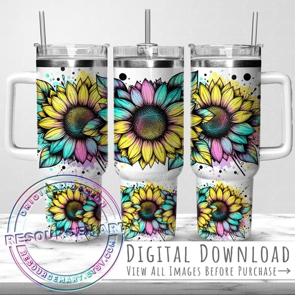 Star Mug 40Oz Colorful Sunflower Tumbler Wrap Design, 40 Ounce Stanley Seamless Template, 40 Oz Yellow Turquoise Summer Line Art - Tumbler With Handle, To-Go Coffee Mug
