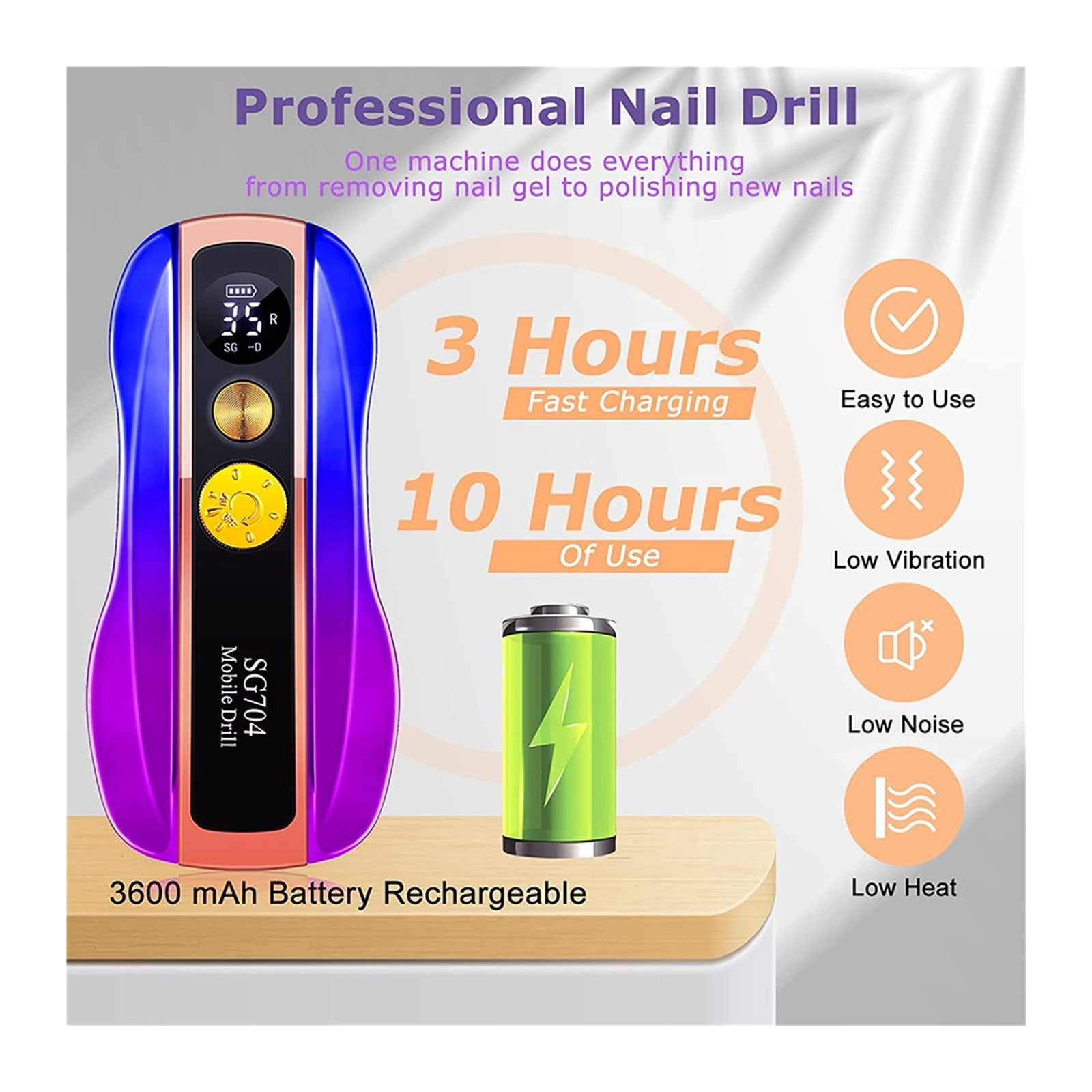 Electric Nail Drill For Acrylic Nails, Professional 35000RPM Rechargeable Nail Drill Machine For Acrylic Gel Polishing Remove ,Low Noise