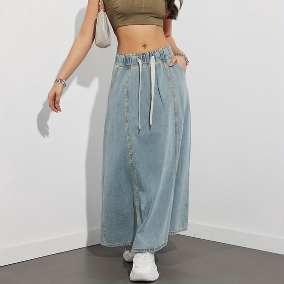Plus Size Women's Elastic Waist Denim Maxi Skirt, Drawstring Loose A-line Casual Denim Midi Skirt