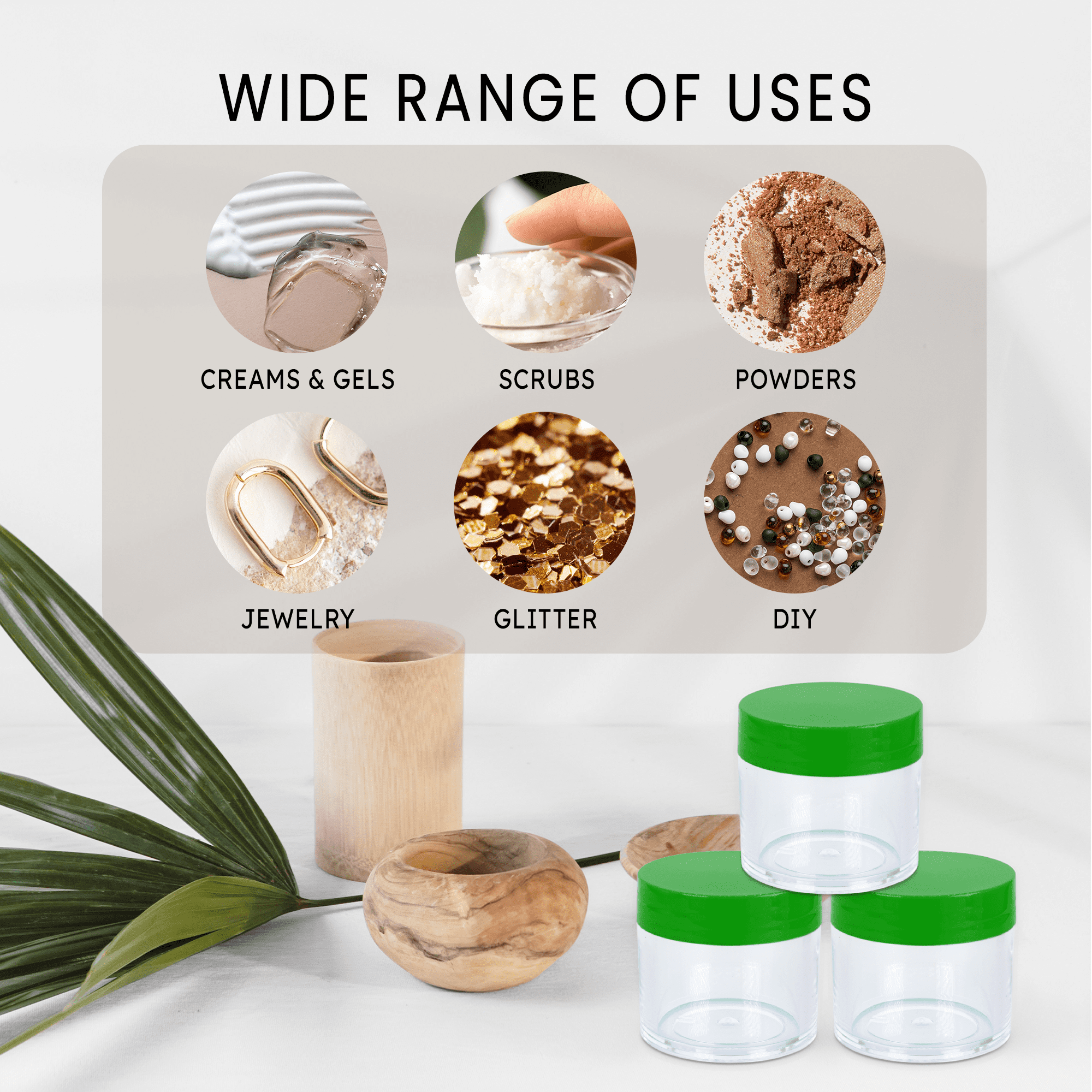 Beauticom 24 Pieces High Quality 30 Gram 30 ml (1 oz) Round Acrylic Makeup Product Sample Travel Jars with Flat Green Lids