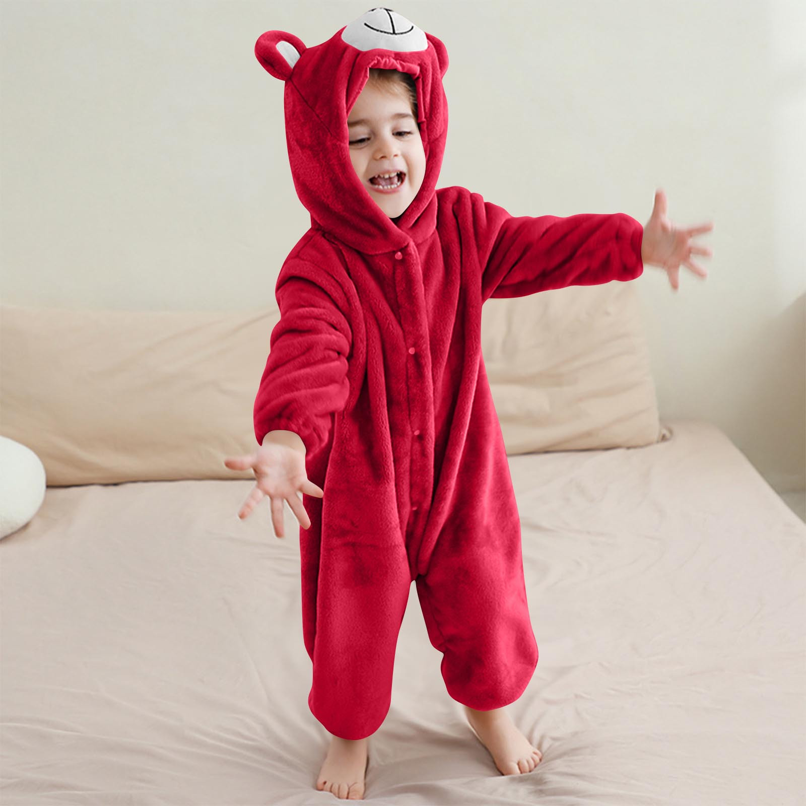 Paiwinds Girls' Fleece Hooded Jumpsuit Pajamas for Toddler & Kids (3M-6Y) Winter Warm Bear Costume One-Piece Sleepwear with Buttons, Soft Long Sleeve Romper for Home & Holiday