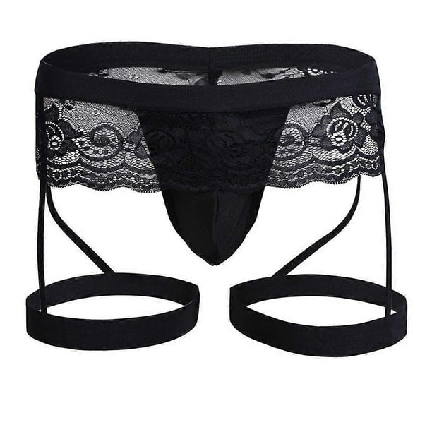 Men's Lace Thong Pants Enhance Briefs Pockets Underwear Bikini Fishnet Stockings Lingerie Black XXL
