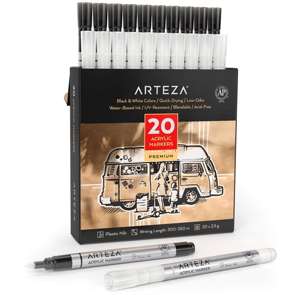 Arteza Acrylic Paint Markers, Fine Nib, Black and White, 20 Count