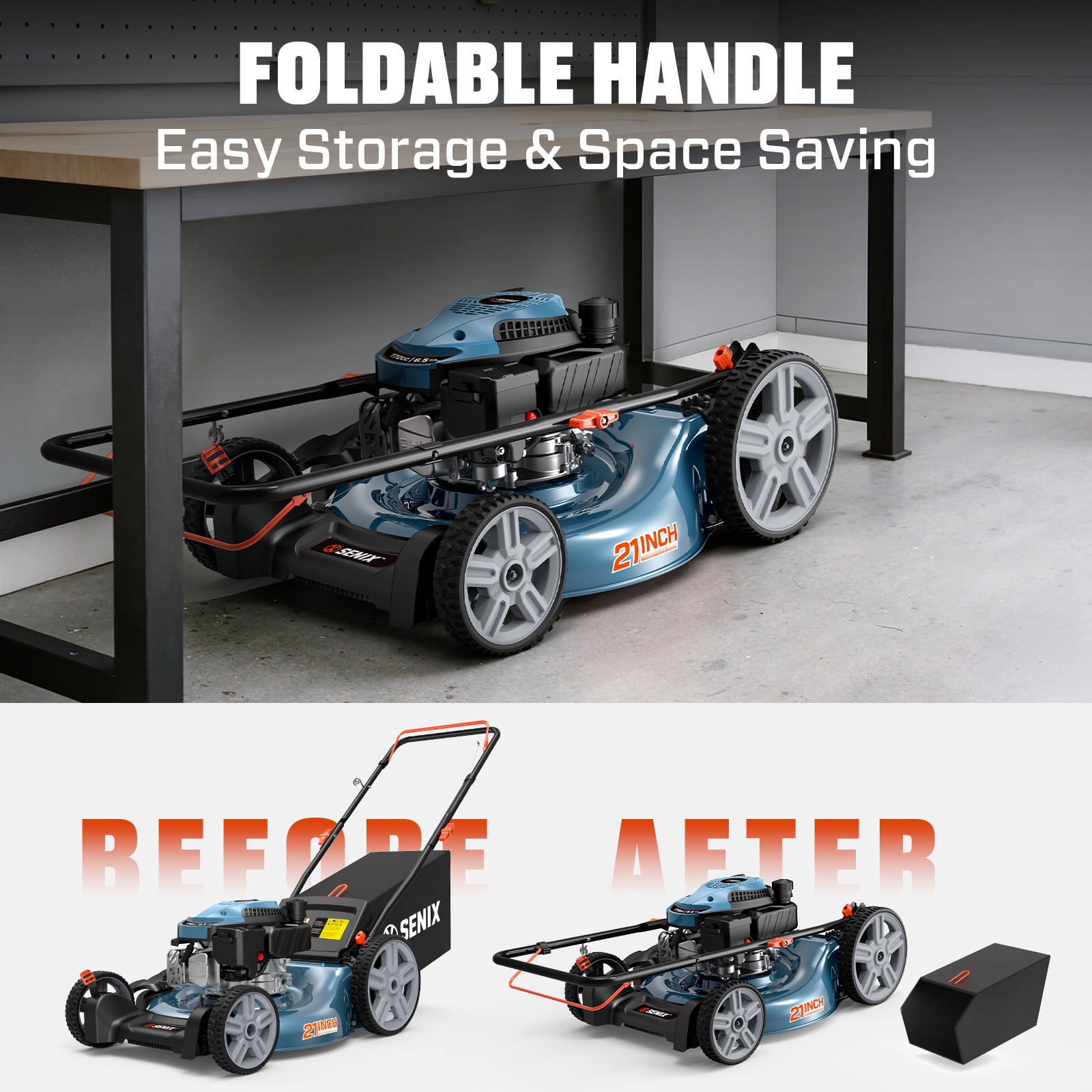 SENIX Gas Lawn Mower 21in Cutting Blade 22in Cutting Deck, 144cc 4-Cycle Engine, 3-In-1, 6-Height Adjustment, 11" Rear Wheels, LSPG-M14