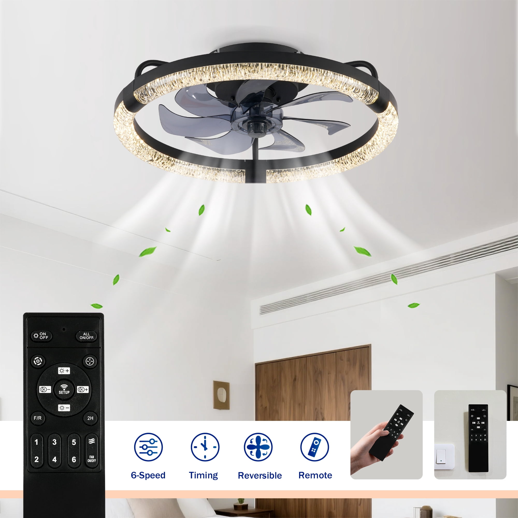 Leumius 20" Ceiling Fans with Light and Remote, 3000-6500K Dimmable Modern Flush Mount LED Fan Light, 6 Speeds, Quiet DC Motor for Living Room Bedroom Kitchen Matte Black