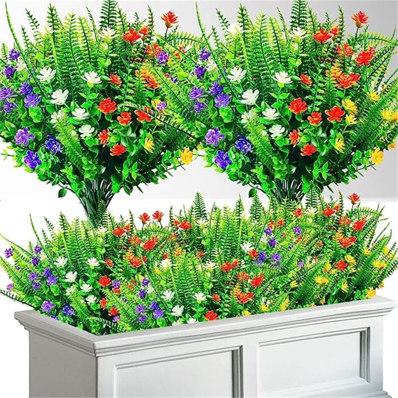 XILAIGO Artificial Flowers for Outdoors, 8 Bundles Outdoor Plants Fake Flowers UV Resistant, Faux Mums for Spring Outside Planter Window Box Decoration-Mix Color