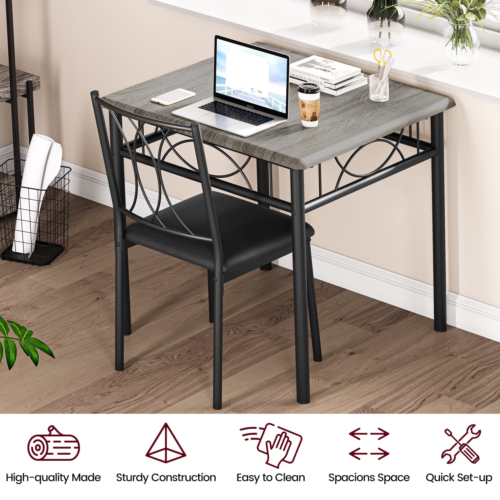 CARTMAN Dining Table Set with 2 Chairs Rustic Brown Kitchen Dinette with Metal & Wood Construction for Dining Room