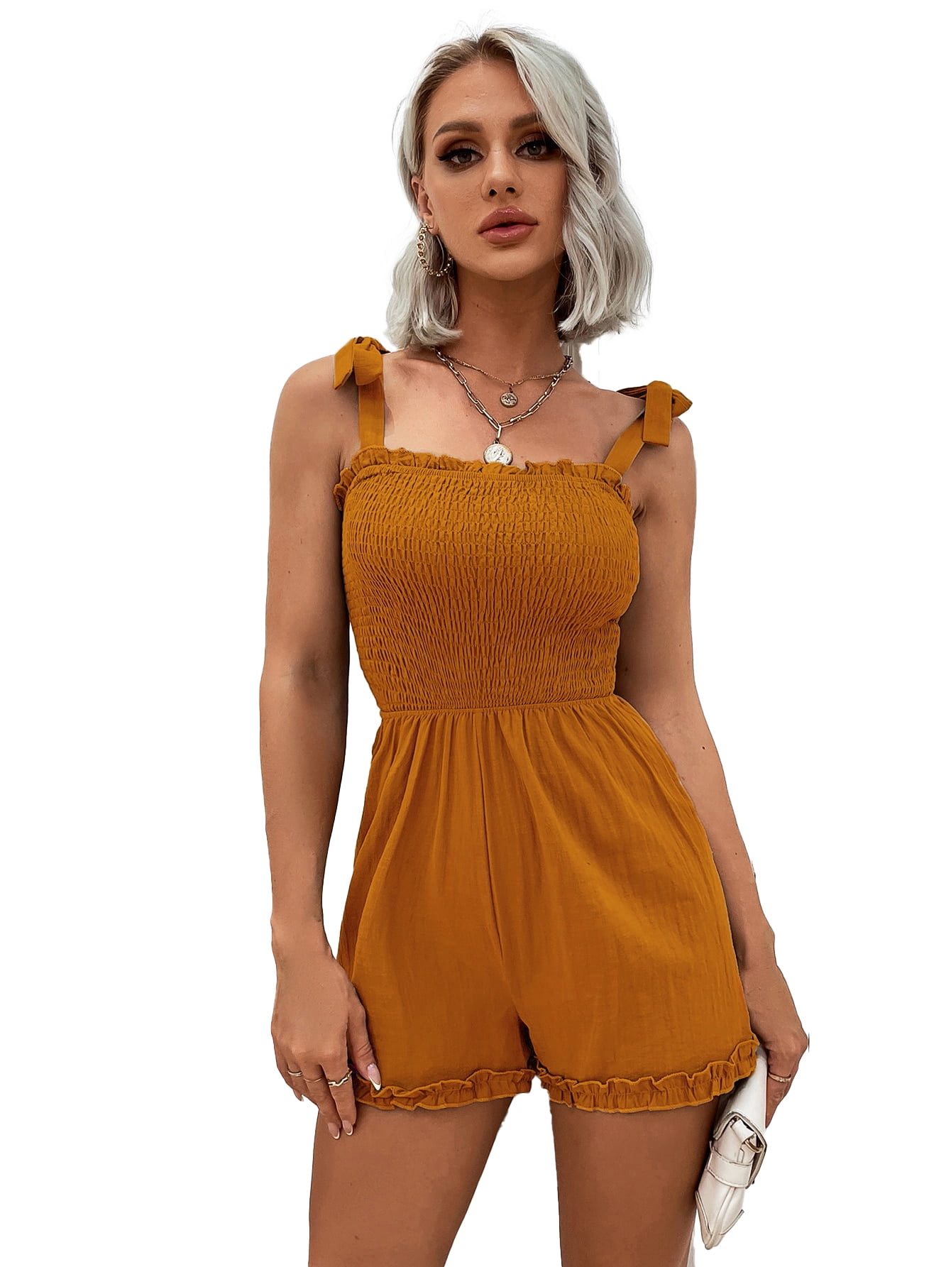 EILLY BAZAR Cami Romper for Women Knotted Shoulder Shirred Frill Trim