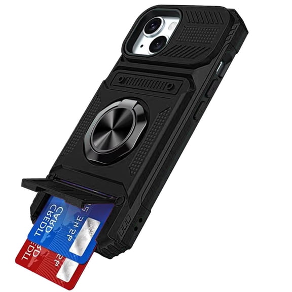 For Apple iPhone 15 (6.1") Wallet Case with Credit Card Slots, Ring Stand & Magnetic Holder Slim Protective Shockproof [Black]