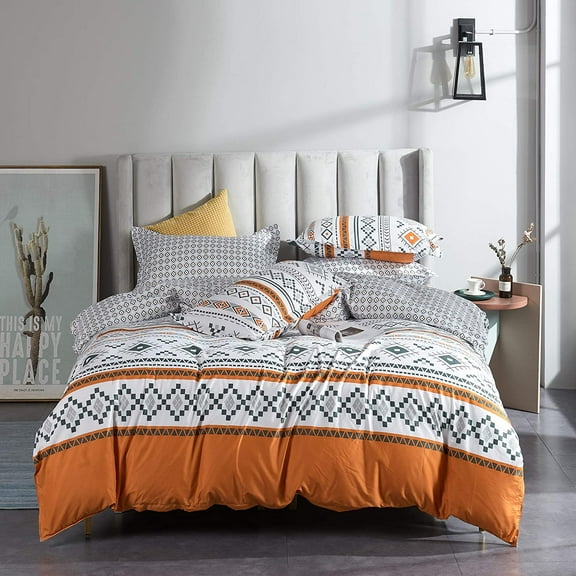 Orange Bohemian-style down duvet cover three-piece set, diamond-shaped printed bedding, 1 duvet cover with 2 pillowcases, available in large and extra large sizes