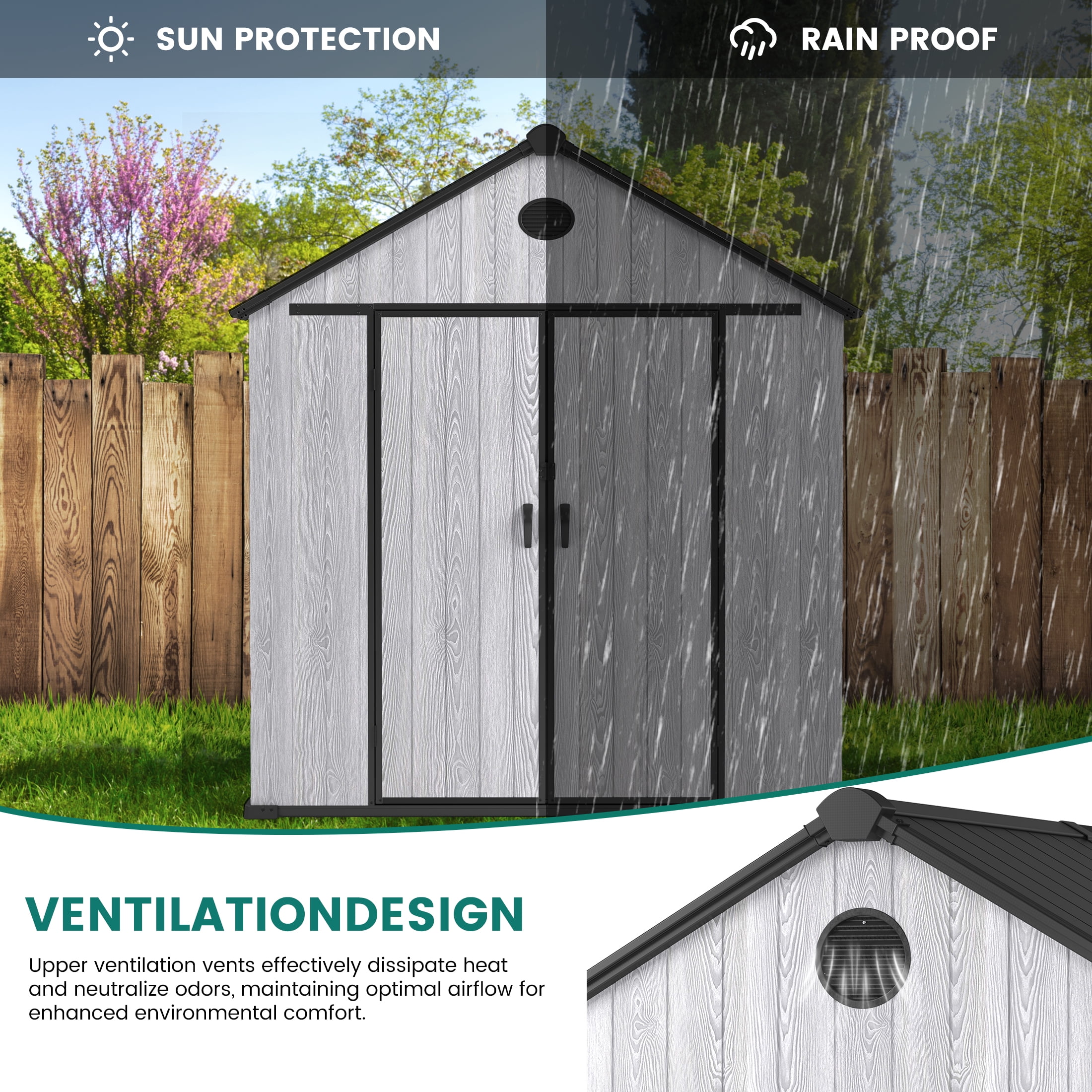 Enyopro 8×8 FT Storage Shed, Large Walk-in Outdoor Storage Shed, Heavy-Duty Resin Shed with Lockable Double Doors, Reinforced Roof, Windows & Floor, Weatherproof Garden Shed for Backyard Patio, Gray